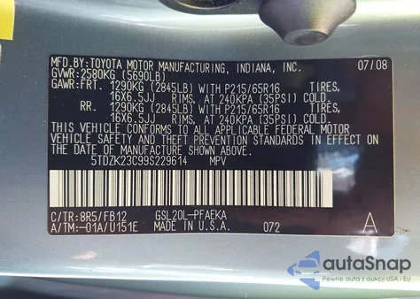 2009 Toyota Sienna Ce from USA, damaged, VIN 5TDZK23C99S229614